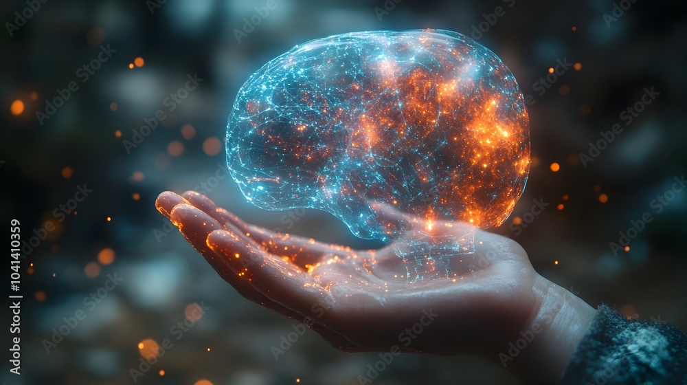 Poster futuristic glowing digital sphere of energy and data hovering in the palm of a human hand,symbolizin