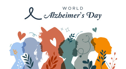 Brain Health Awareness Day.  World Alzheimer's Day. Maintain brain health. Design features minimalist silhouettes of people and plants. Design with concept of health awareness on the brain in thinking