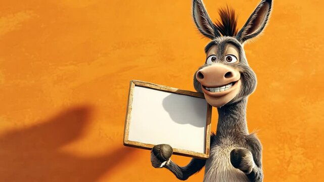 A cartoon donkey smiles as he holds up a blank sign against an orange background