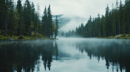 Obraz premium Serene Morning at Foggy Lake in Tranquil Mountains