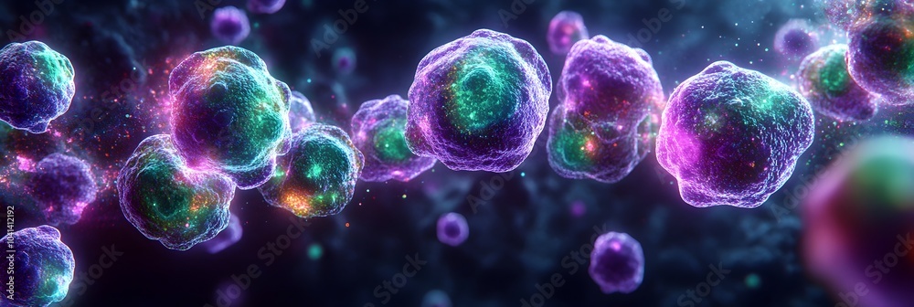 Poster glowing abstract cellular structures in a vibrant,futuristic sci-fi digital backdrop. colorful,lumin