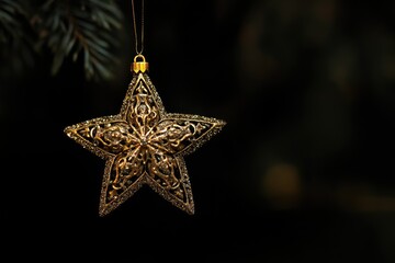 Fototapeta premium A Golden Glittery Star Christmas Ornament Hanging on a Christmas Tree