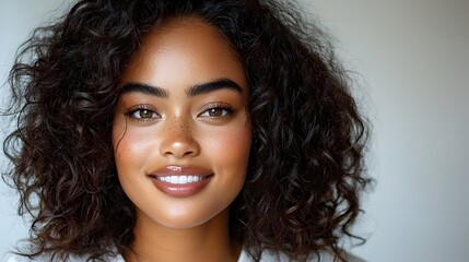 Naklejka premium Confident and Charismatic African American Woman with Curly Hair Framing Her Face Wearing a Casual T Shirt and Posing Happily in a White Studio Setting
