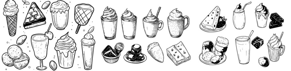 Illustration of dairy products with hand drawn contours, including cheese, milk shakes, butter, yogurt, cottage cheese, sour cream, desserts, and a cow.