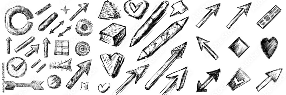Fototapete a modern set of drawing arrows and frames. cartoon pointers and lines. hand drawn circles, oval fram
