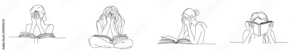 Poster drawing of a woman reading an interesting book in continuous line