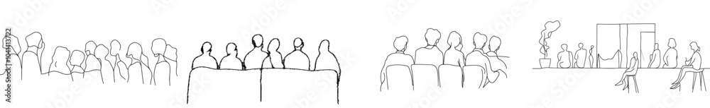 Poster This is a continuous line drawing of a modern illustration character in a conference hall with blank space for text and design. Outline, thin line art, hand drawn sketch.