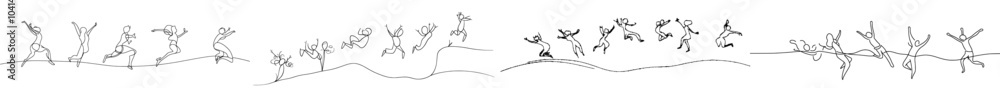 Poster in this one-line drawing of a group of people jumping, they appear to be having fun and enjoying the