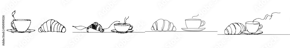 Poster a coffee cup and croissant in a continuous line art style. black lines on a white background. modern