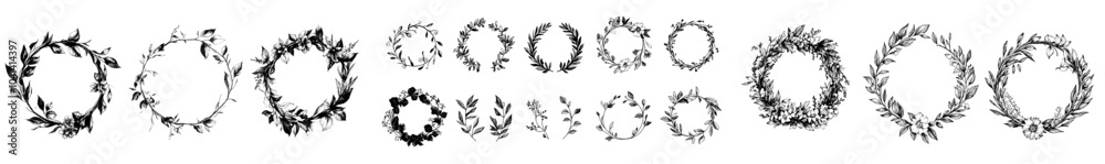 Aufkleber flower frames based on hand drawings. flower, leaf, and branch decoration wreath. circle flower fram