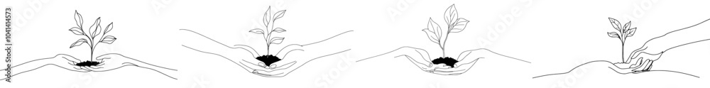 Poster continually drawing two lines of a plant in hand and holding a nature sign and symbol. drawing with 