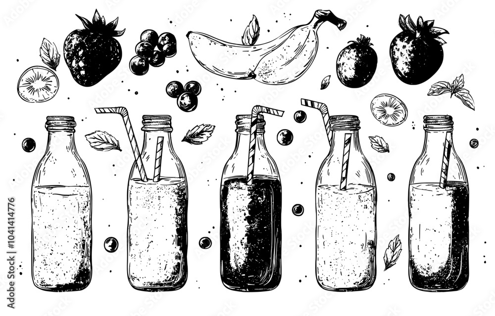 Poster graphik sketch smoothie with fruit smoothie and slisp of natural fruits. graphik sketch smoothie wit