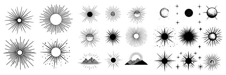 Sunrise rays light burst line shine sunshine sunbeam vintage border spark firework starburst for emblems logo and banner modern isolated set.