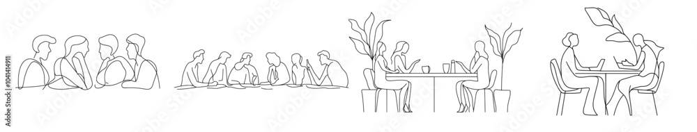 Poster Drawing of young architect and construction builder discussing blueprint building design from top view. Home architecture concept in a single line. Illustration of modern home design in a single