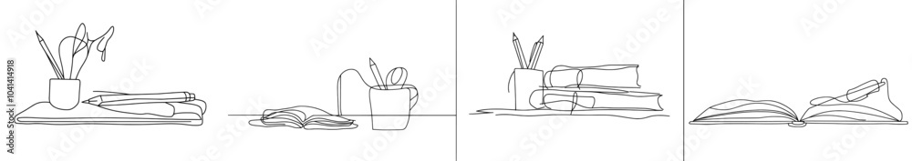 Fototapete One continuous line drawing showing a notebook or notepad with a pencil above a work desk. Writing business notes on office notes. Trendy modern graphic illustration.