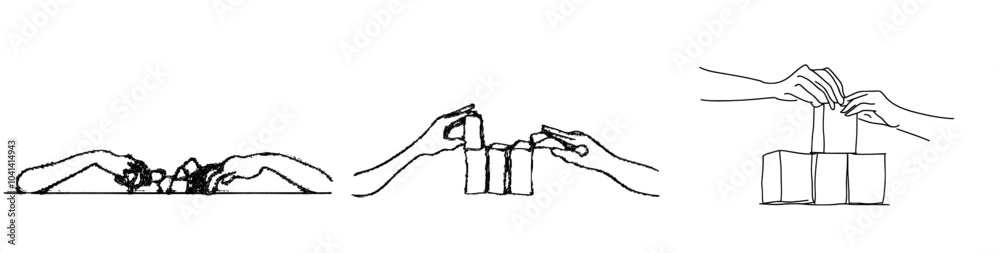Poster The line drawing illustrates a business team member using wooden cube blocks to build a sturdy tower together to improve teambuilding. This illustration illustrates a modern style of teamwork.