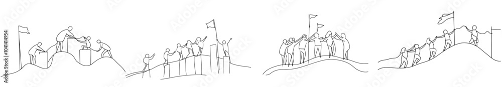 Aufkleber This illustration uses a continuous line to illustrate team members following their leader as he climbs stairs step by step while holding flags. Teamwork concept one line draw with a modern