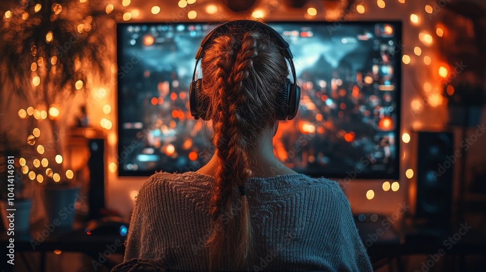 Poster a woman is sitting in front of a computer monitor with a video game on it