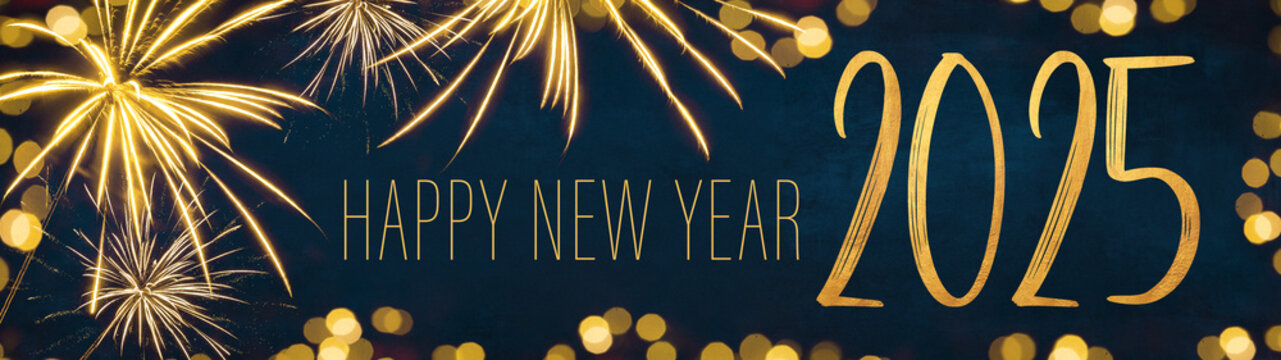 HAPPY NEW YEAR 2025 - Festive silvester New Year's Eve Sylvester Party background greeting card with text, panorama banner long wide - Gold frame made of golden bokeh in the dark blue night