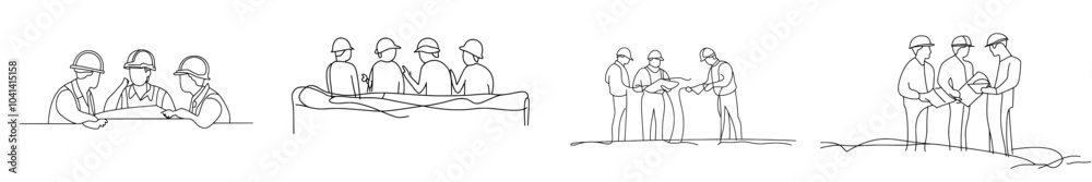 Aufkleber A continuous line drawing of a young architect discussing construction design with a foreman manager. Building architects business concept. Modern graphic illustration in one line.