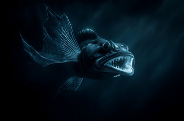 A close-up of a deep sea fish with sharp teeth and large fins, swimming in the darkness.