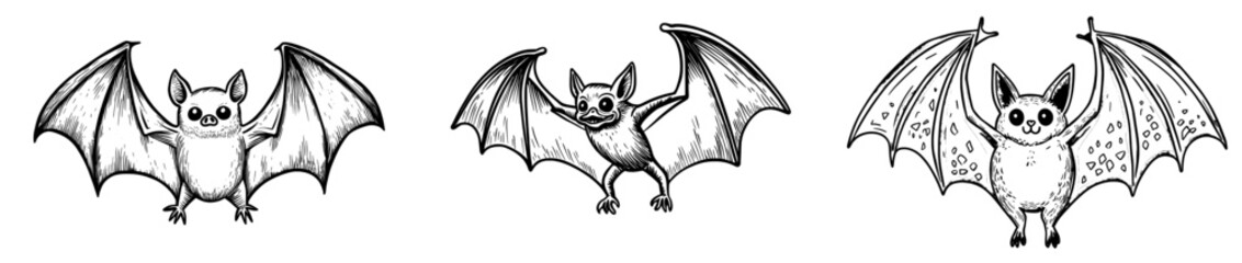 Fototapeta premium Set of flying bats doodles. Simple modern hand painted illustration. A single halloween drawing isolated on white. Realistic sketch element for designs, prints, posters, and stickers.