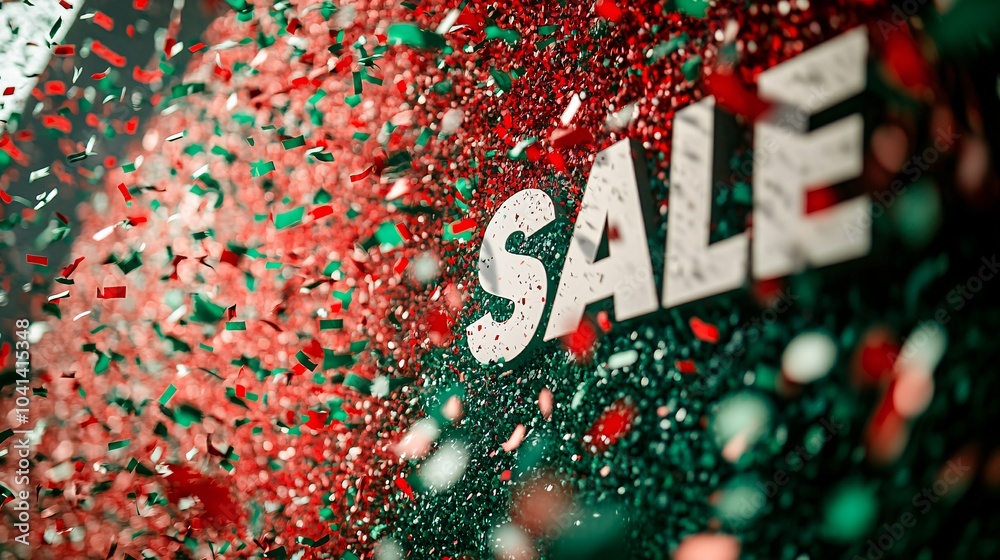 Poster a bright festive background with red and green confetti falling and big sale in large white bold let