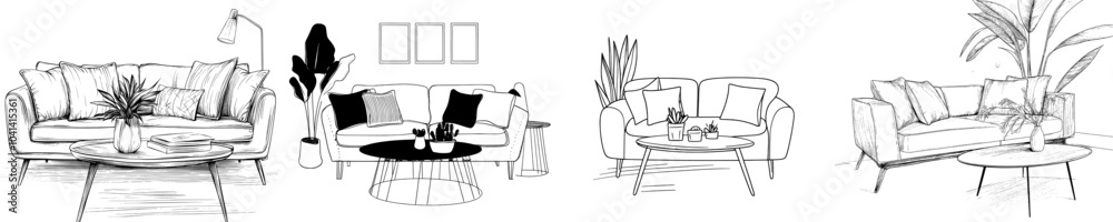 Poster creating an illustration of the interior of a living room in a modern style using hand drawn sketche