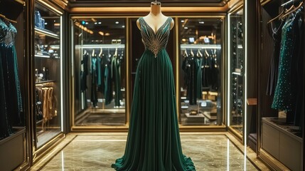 Naklejka premium Elegant Deep Emerald Green Evening Gown Display