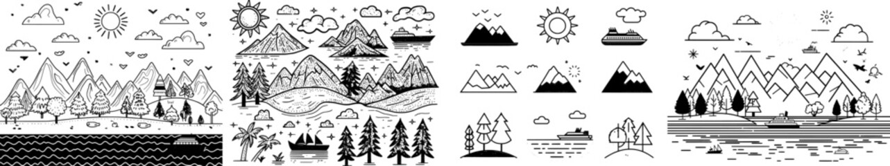 Fototapeta premium Landscape line icon. Cabin in forest, mountain, sea along with air balloons in sky and lighthouse in the distance. Nature country tourism modern icon set. Illustration nature forest, mountain, and