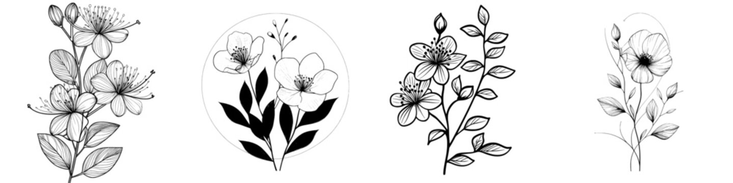 A blossoming eucalyptus flower isolated on white. Vintage drawing of botanical element with blossomed buds and leaves. Contoured hand-drawn illustration of a bud of a eucalypt tree.