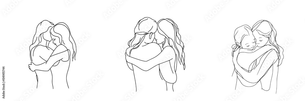 Poster mom and daughter embracing in a continuous line drawing style. minimalistic black linear sketch isol