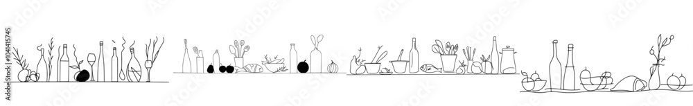 Poster the top and bottom seamless patterns feature food and utensils. modern background. one line art styl