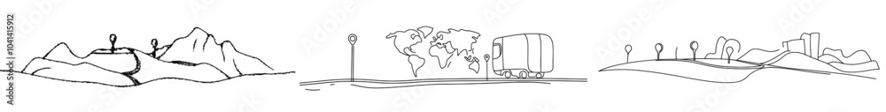 Aufkleber Drawing of continuous one-line routes and directions on a map. Modern illustration with a pin or pointer pointing to a particular location on the map.
