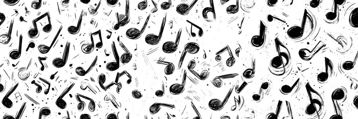 Printed seamless melody seamless pattern with music notes, signs, and clefs. Hand drawn sketch song symbols wallpaper. Modern musical notation design.
