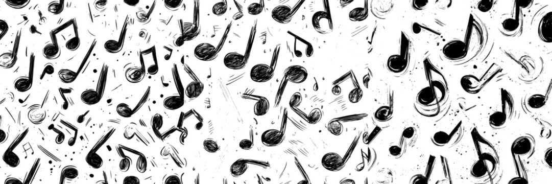 Printed seamless melody seamless pattern with music notes, signs, and clefs. Hand drawn sketch song symbols wallpaper. Modern musical notation design.