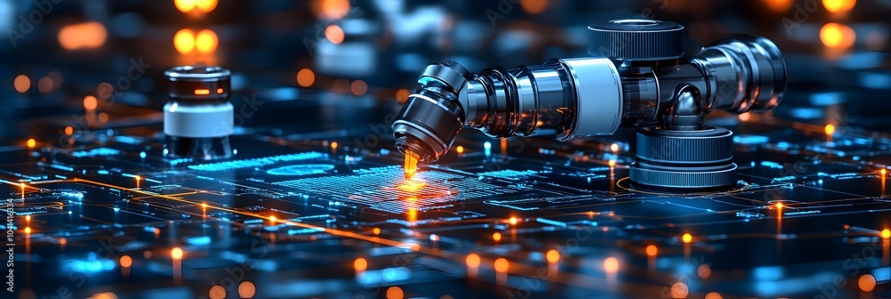 Poster High-tech futuristic computer circuit board with glowing electronic components,microchips,and digital data signals,representing the complex infrastructure of modern technology and innovation.