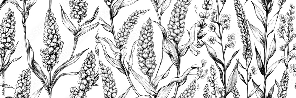 Poster Vintage background with engraved grain crops and spikelets in retro-style. Hand-drawn modern illustration for wrapping. Vintage background with engraved grain crops and spikelets.