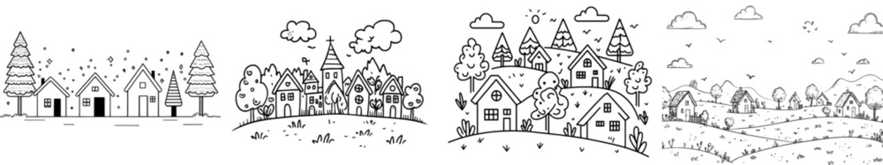 Hand drawn sketches of country neighborhoods with little houses and cute rural buildings. Modern childish scene with buildings and trees.