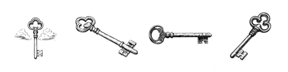 Inset: etched sketch of outlined contoured door key, drawn in retro vintage style in a hand-drawn sketchy style. Presented on a white background, this is an illustration that is a blend of modernism