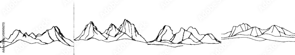 Poster an aerial view of a mountainous landscape. the drawing is continuous.