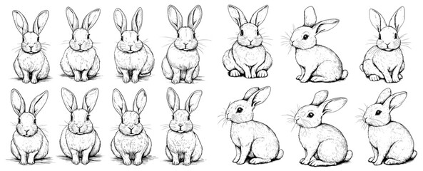 Black and white brush painting ink drawing of isolated rabbits