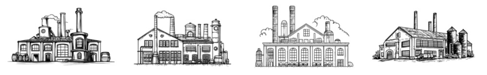 Obraz premium Typical factory sketch. An example of a vintage manufacturing building in an old engraving style.
