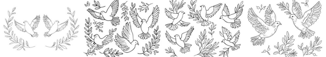Obraz premium Hand drawn modern illustration of a set of dove outline. Line art style isolated.