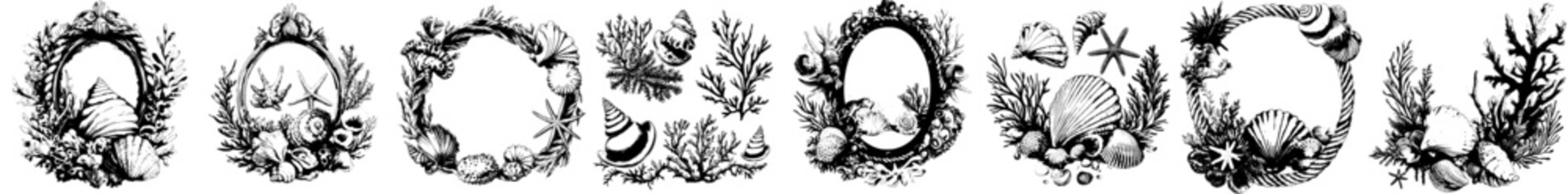 Obraz premium Modern illustration featuring tropical seashells, starfish, coral, and sea stones in circle frames set with coloured patterns that are simple and elegant.