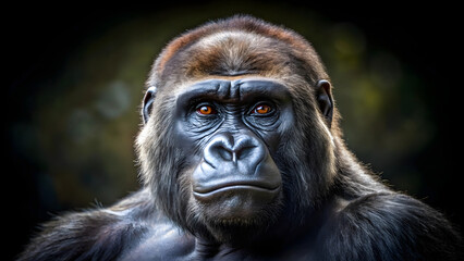 Obraz premium Black gorilla, endangered mammal with hairy face and big eyes, thinking beast in jungle