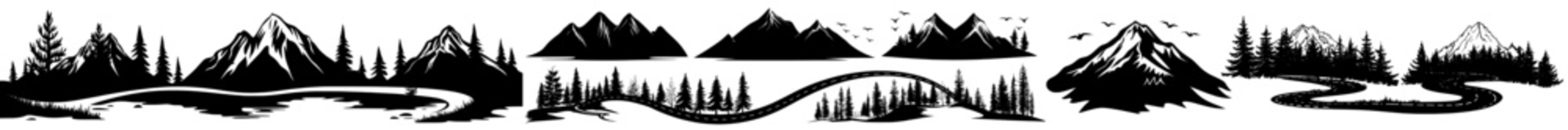 Obraz premium Symbol of travel. Forest road illustration. Highway in mountains icon set. Modern set of road signs in the mountains.