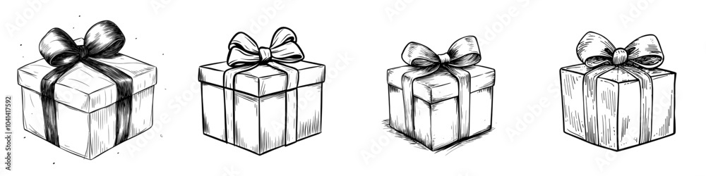 Poster The box has different bows on it. This is an illustration drawn by hand in a modern style.