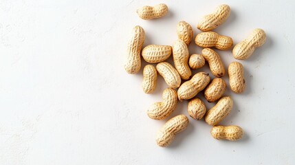 Fototapeta premium A simple arrangement of peanuts resting on a clean white background, focusing on their natural, earthy textures