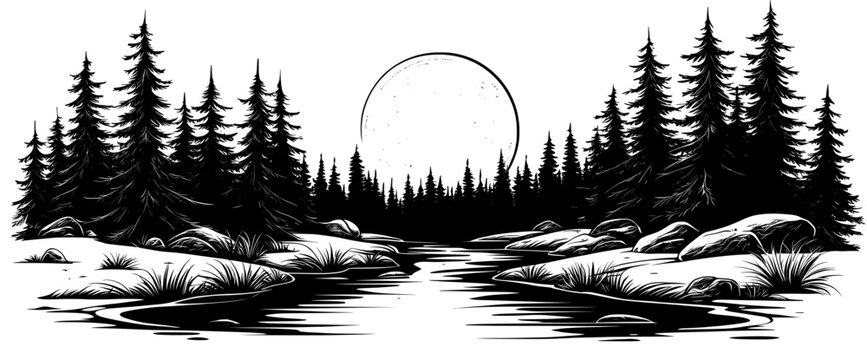 Panorama sketch with summer riverside in black and white. River landscape with forest.